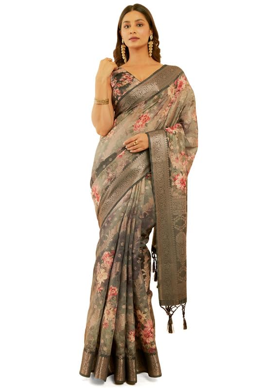 Soch Womens Black Floral Print Jacquard Chanderi Saree