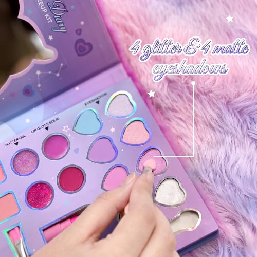 Princess by RENEE Dear Diary Makeup Kit For Kids & Preteens | With 8 Eyeshadows, 2 Blushers, 2 Lipsticks, 2 Lip Gloss Solid, 2 Glitter Gels, 3 Brushes | Dermatologically Tested, Easy To Wash | 1 Unit