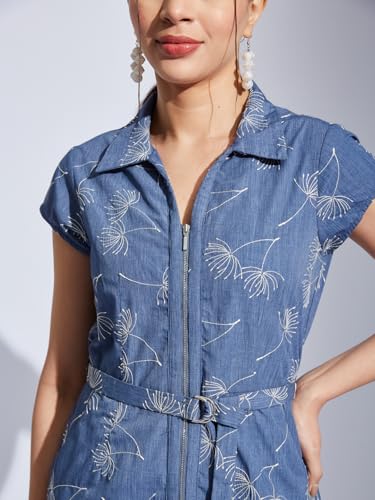 Latin Quarters Women Blue Collared Cap Sleeve Embroidery A-Line Dress for Casual Wear