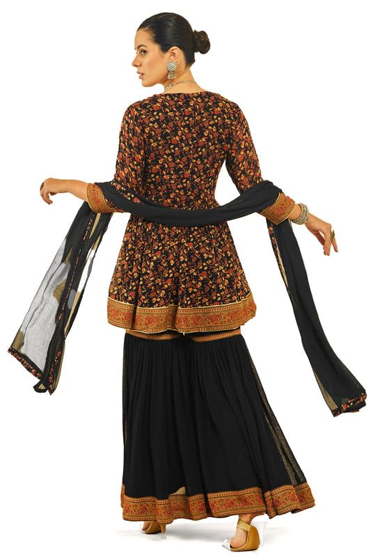 Soch Womens Black Georgette Floral Print Sharara Suit Set