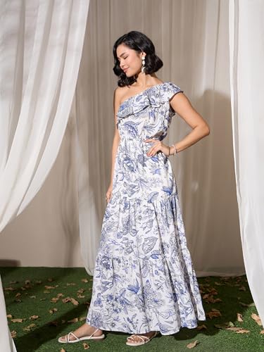 barcino Blue Floral Print One Shoulder Maxi Dress