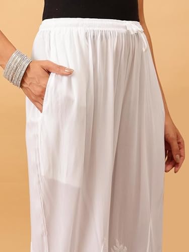 Ada Hand Embroidered Lucknow Chikankari Modal Flared Palazzo Pant Culottes for Women A711189 White (L)
