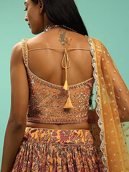 Zeel Clothing Women's Chinnon Silk Embroidered Semi-Stitched Lehenga Choli with Dupatta (106-Yellow-Wedding-Bridal-Latest-Lehenga; Free Size)