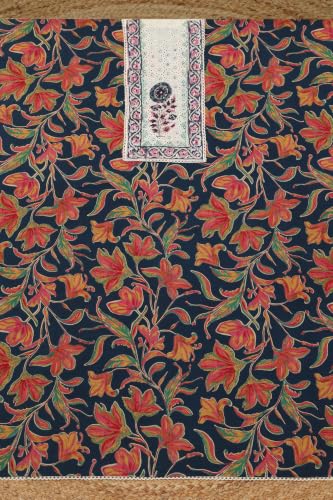 Soch Womens Navy Blue Cotton Botanical Printed Chikankari Embroidery Dress Material