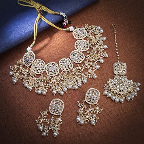 Sukkhi Sensational Gold Plated Kundan & Pearl Choker Necklace Set Worn By Karisma Kapoor (CBMIX100646)