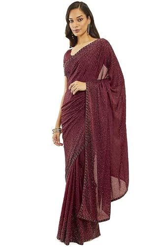Soch Womens Maroon Crepe All-Over Stone Embellished Saree
