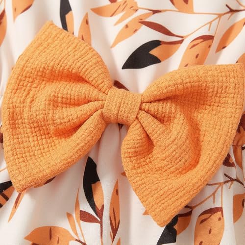 Hopscotch Girls Leaf Bow Applique Casual Dress in Orange Color for Age (6-7 Years)