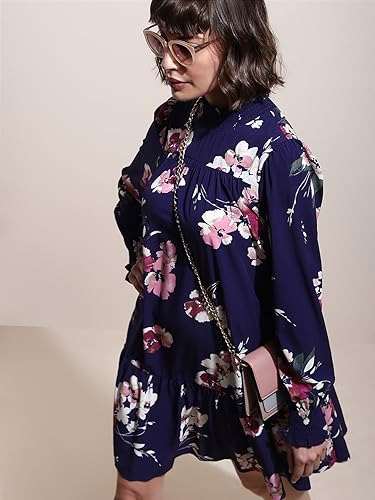 VERO MODA Women Printed Polyester Blend Knee Length Blue A-Line Dress