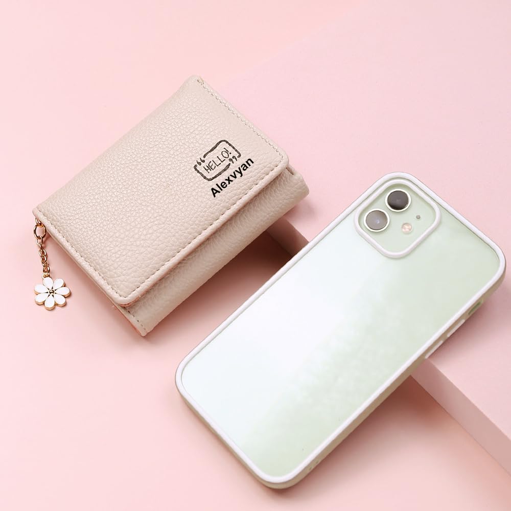 Alexvyan Hello Small Tri-Fold Women's Purse Wallet Card Organizer Female Hand Purse Clutch Women/Ladies/Girls Wallets 5 Card Holder 1 Long & 1 Small Pocket (Off White)
