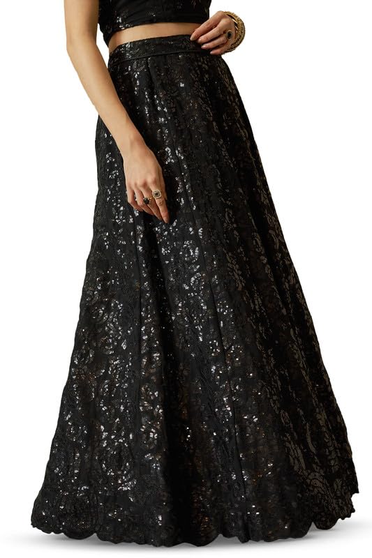 Soch Womens Black Georgette Floral Pattern Sequin Embellished Unstitched Lehenga Set