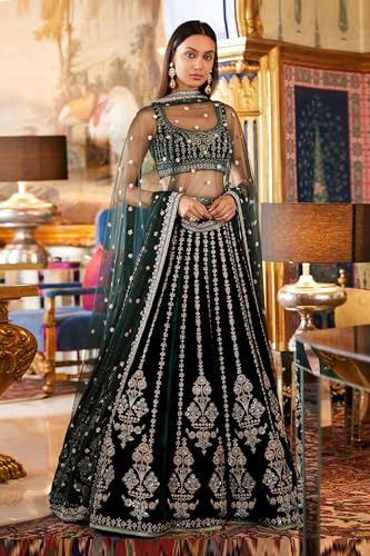JIHU CULTURE Women Georgette Semi Stitched Green Embroidered Lehenga Choli Sangeet Wear, 3