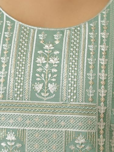 TRENDMALLS Women's Cotton Silk Embroidery Work Kurta Pant Set with Dupatta (G399-LightGreen-M-)