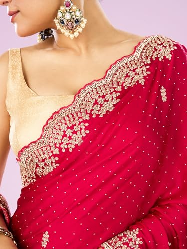 MOHEY Women's Satin Embroidery|Stone Work|Sequin Work Saree with Blouse Piece(Rani)