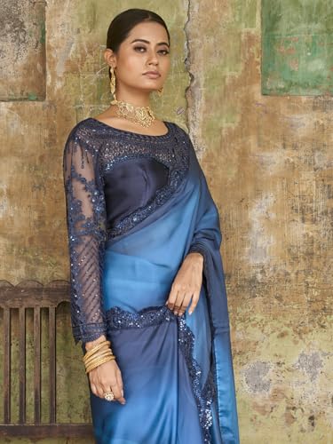 Zeel Clothing Women's Navy Blue Embellished Embroidered Satin Saree with Blouse (ZURI-1102-Navy-Blue-Sarees-For-Womens, Navy Blue)