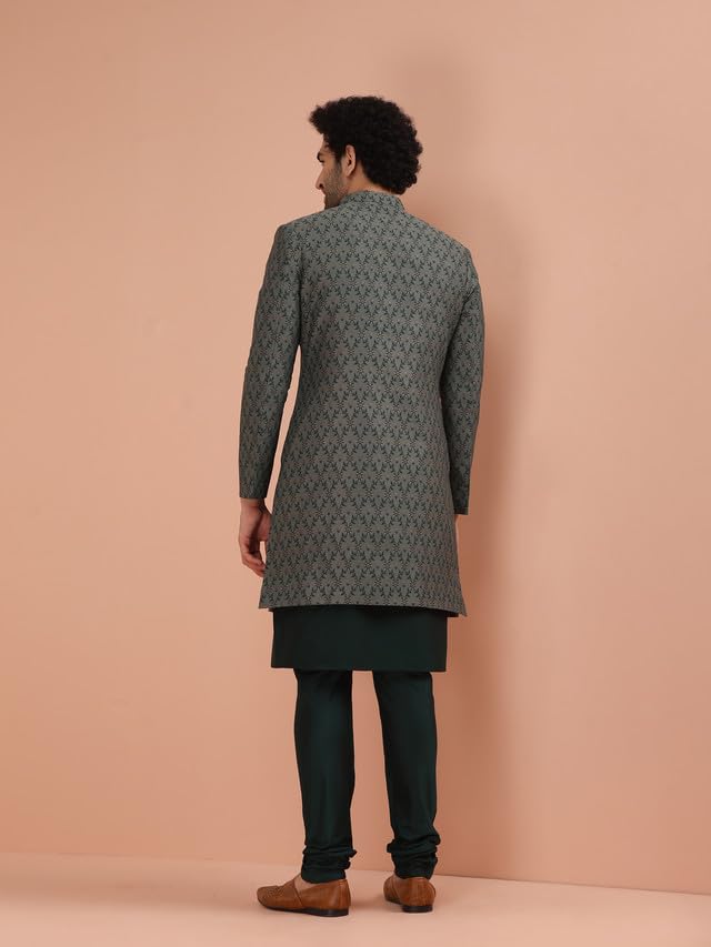 KISAH Men Grey Jacquard Kurta Indowestern Sherwani Churidar Set with Floral, 38