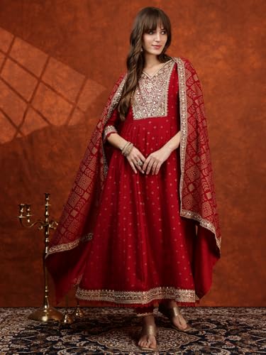 NIVANA Embroidered Anarkali Kurta with Pant & Bandhni Printed Dupatta | XL | Maroon | V-Neck | 3/4 Sleeves