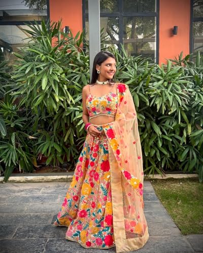 AG Clothing Women's Georgette Semi Stitched Lehenga Choli With Dupatta | Thread And Sequin Embroidery Pattern | Traditional, Wedding, Ethnic Wear Lehenga (AD-324ind-Beige)