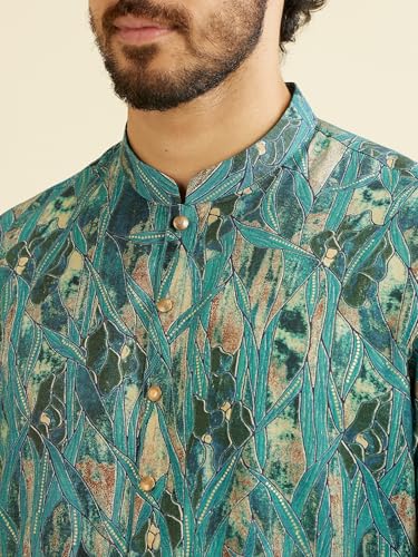 Manyavar Men's Viscose Blend Abstract Print Long Kurta (Green,M)