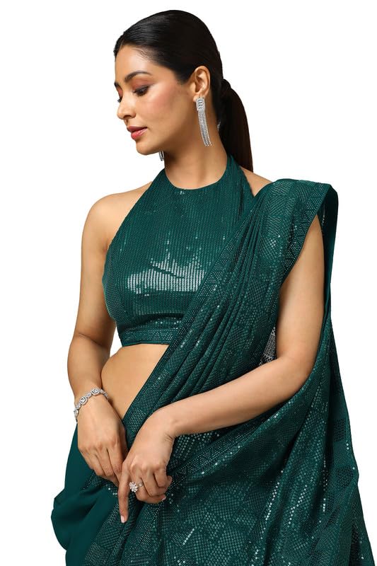 Soch Womens Teal Georgette Embellished Saree With Sequins