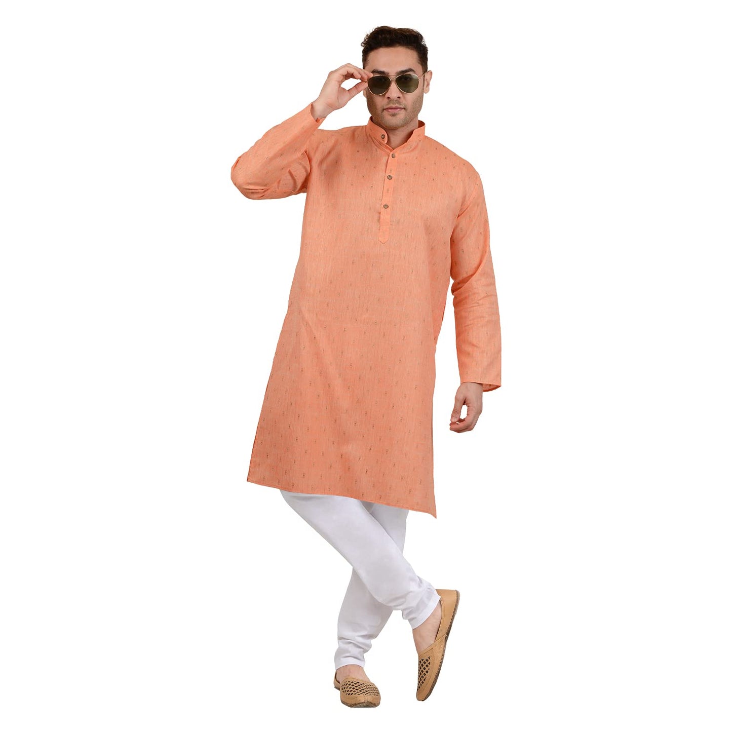 LUCKWIN Men's Cotton Linen Geometric Design Kurta in Orange [LWKurta111-42]