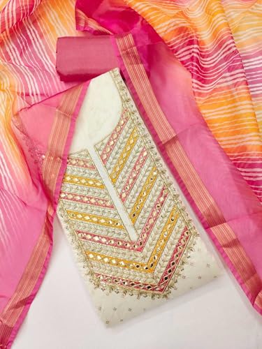 Leeli Peeri Designer Women's Chanderi Cotton Embroidery work Unstitched Salwar Suit Dress Material