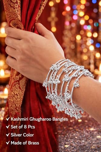 Swara Creations Traditional Kashmiri Ghungroo Latkan Bangles for Women and Girls|Set of 8 Pcs |Silver color (SKU416)