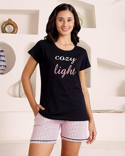 BODYCARE Women's Cotton Printed T-Shirt and Shorts Set | Soft & Breathable Nightwear | Short Sleeves | Loungewear Co-Ord Set | BSSS17031_100 Multicolour