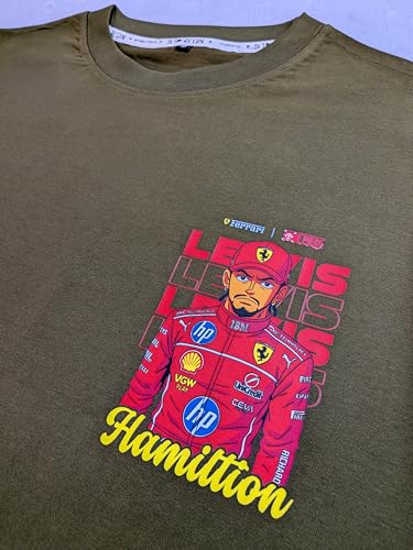Starton Apparel Unisex Cotton Formula 1 Lewis Hamilton Norris Senna F1 Motorsport Graphic Print Oversized Fit T-Shirt (in, Alpha, S, Plus, Olive Lewis)