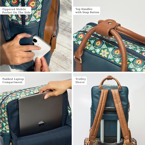Chumbak Bombay Backpack for Women, Navy Floral PU Leather, Digital Nomad Collection, Trendy and Functional Backpack with Zipper, Ideal for Daily Commute and Travel