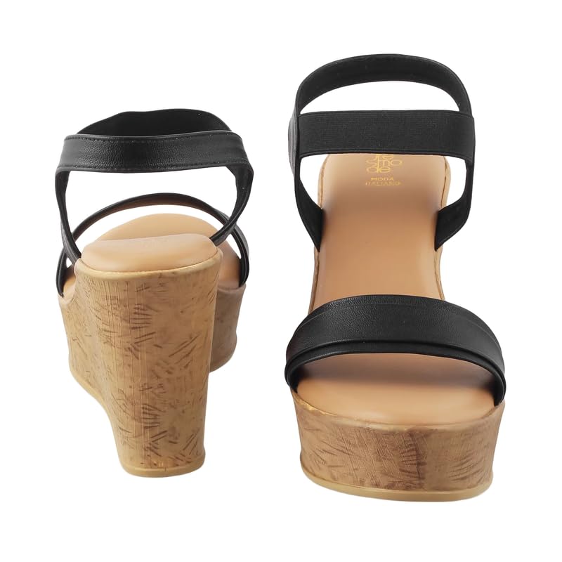 tresmode Pagiri Women’s Black Wedge Sandals | Vegan Leather | TPR Sole in Size 2 UK / 35 EU