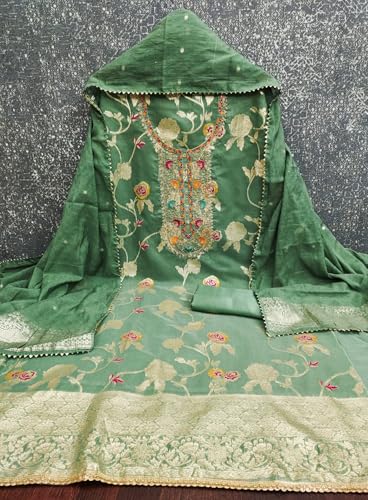Pandadi Saree Women's Cotton Meenakari Jacquard Embroidery Work Unstitched Salwar Suit Dress Material