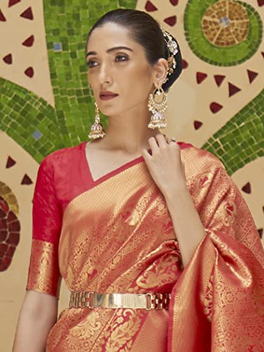 AKHILAM Women's Banarasi Silk Woven Design Saree with Unstitched Blouse Piece(Red_KINKB198006)