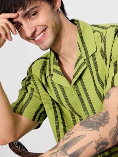 The Souled Store Stripes: Lime Men and Boys Short Sleeves Collared Neck Button Front Regular Fit Textured Shirts