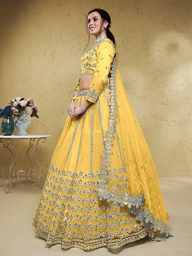 Zeel Clothing Women's Net Semi-stitched Foil Embroidered Lehenga Choli With Dupatta (5029-Yellow--Lehenga-Choli-Latest,Free size)