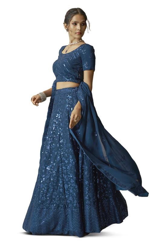 Soch Womens Blue Georgette Floral Pattern Sequin Embellished Unstitched Lehenga Set