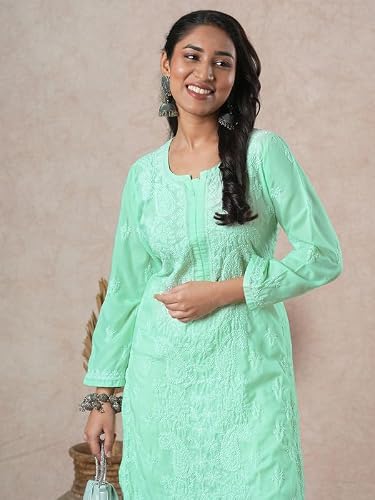 Ada Hand Embroidered Lucknowi Chikankari Cotton Straight Kurta Kurti for Women A411684 Green (2XL)