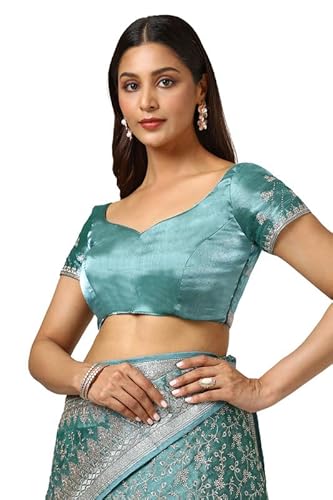 Soch Womens Teal Organza Embroidered Saree With Stone Work