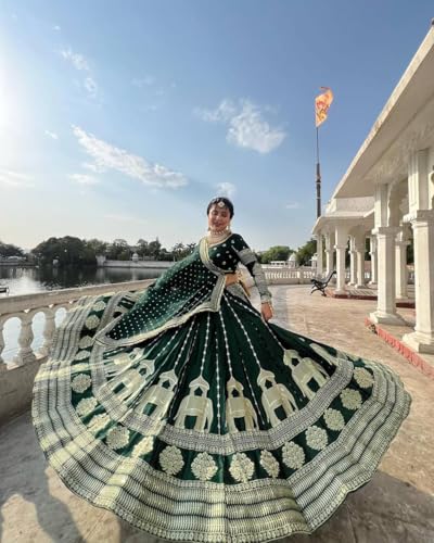 Artyfly Women Embroidered Chinon Silk Ethic Set with Dupatta Wedding and FestiveWear Traditional Outfit (Green)