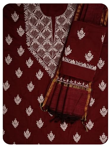 Ada Hand Embroidered Lucknowi Chikankari Unstitched Cotton Dress Material Suit Piece with Dupatta for Women 01A780646 Maroon
