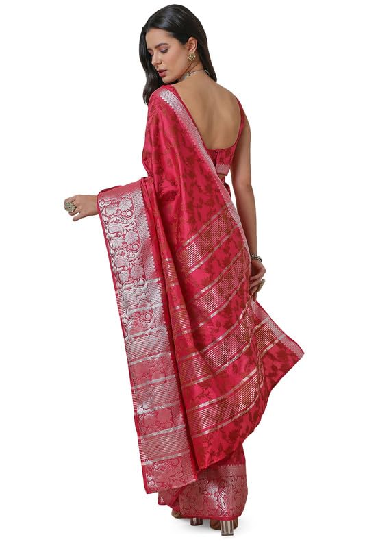 Soch Womens Pink Art Silk Floral Saree with Silver Zari Border