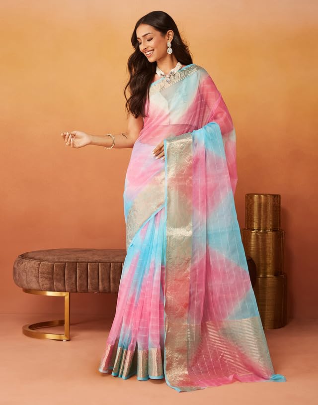 SIRIL Women's Organza Jacquard Saree | Woven Zari Stripe Saree With Unstitched Blouse Piece (3644S429A_Blue & Pink)