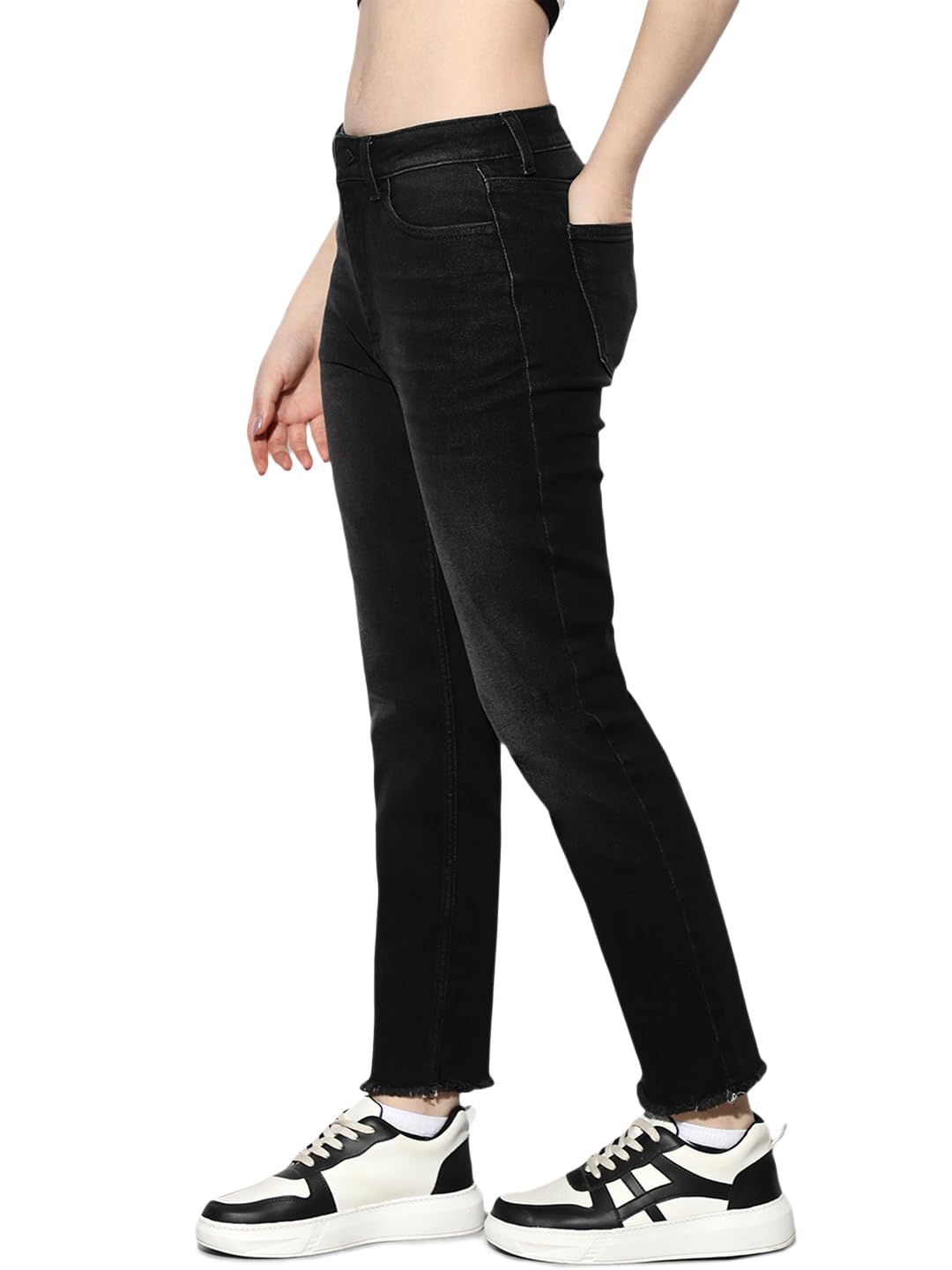 ONLY Women Cotton Blend Stretchable Mid-Rise Slim Fit Black Jeans