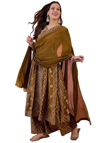 AVYUKTHA Silkkurta Palazzo & Dupatta Set For Womens | Regular Fit | 3/4 Sleeve | V Neck | Printed Embroidery | Lightweight & Comfortable | Ethenic Dress | Ideal For Weddings & Parties | M | Mustard
