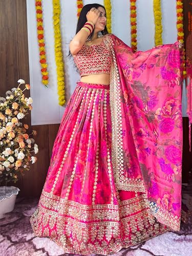 AG Clothing Women's Organza Semi Stitched Lehenga Choli With Dupatta | Floral Digital Print With Sequin Embroidery Pattern | Traditional, Wedding, Ethnic Wear Lehenga (ZC-7072-Pink)