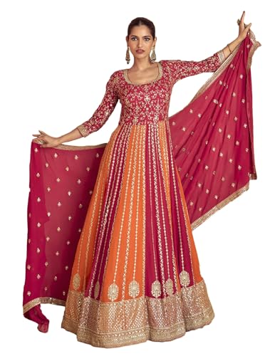 Shampysky Women's Pink Chinon Stitched Gown With Dupatta 3/4 Sleeve Embroidered Anarkali Gown (SSW-1231-Pink-4XL)