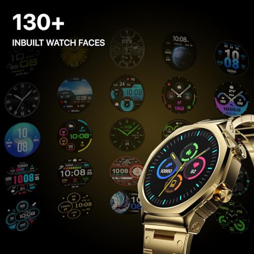 Fire-Boltt Onyx- 36.3mm AMOLED Always On Display Smart Watch, 466 * 466 High Resolution, Bluetooth Calling, Steel Design, IP67, 4GB Storage, 300+ Sports Modes, 130+ Watch Faces (Gold)