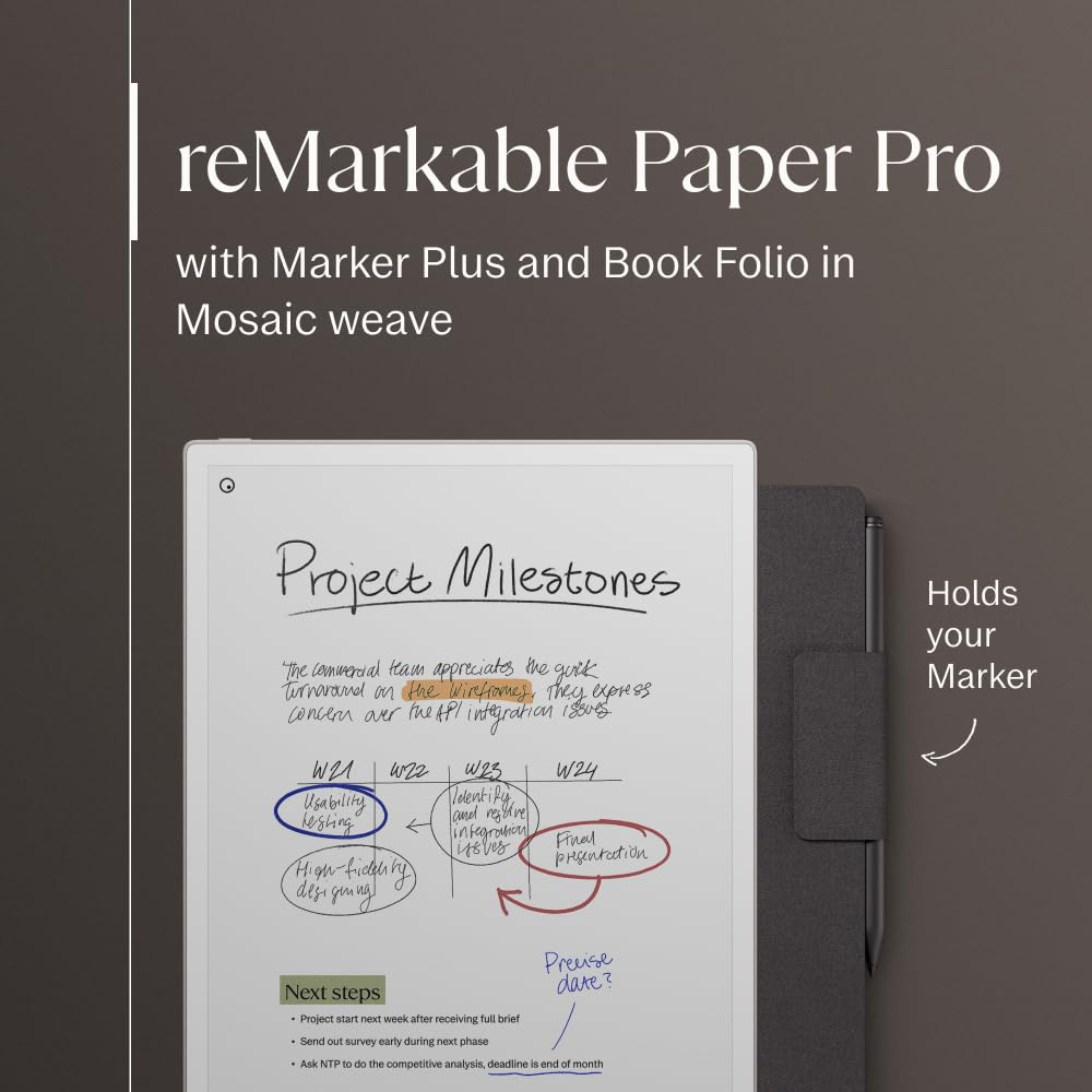 reMarkable Paper Pro Bundle Mosaic Weave Includes 11.8'' Paper Tablet Marker Plus Pen with Eraser and A Book Folio Cover Basalt, Grey