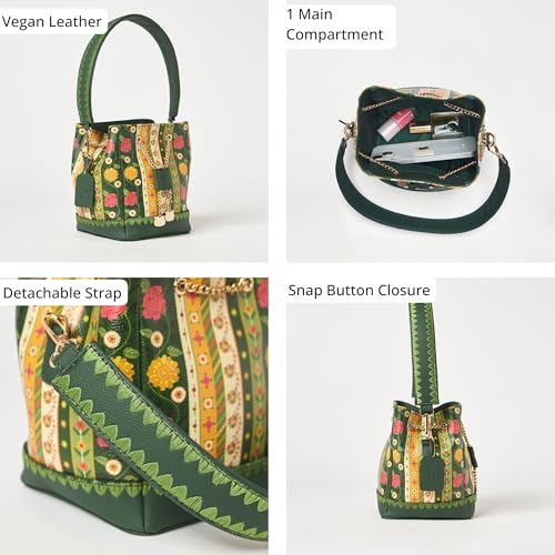 Chumbak Olive Crossbody Sling Bag for Women, Drawstring Closure, Palace Memoirs Collection, Stylish Designer Handbag Purse Wallet Sling Tote, Everyday Casual Ethnic Travel Office Use