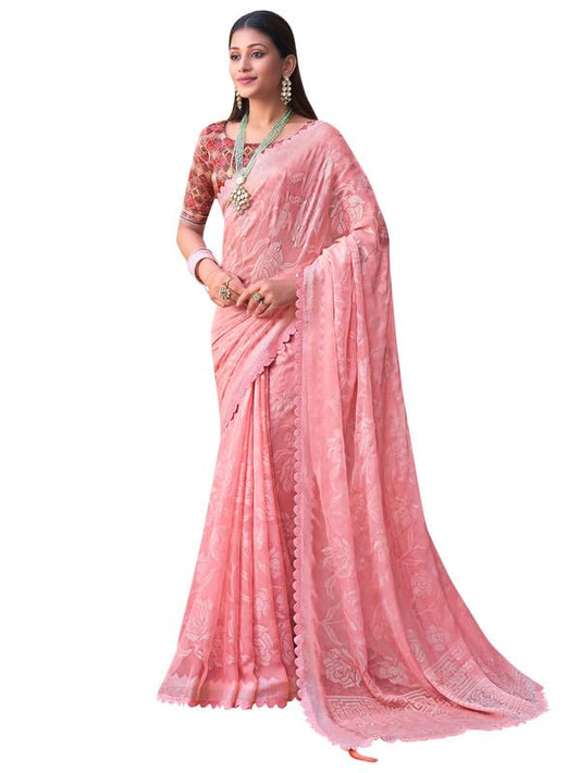 SAREE MALL Women's Chiffon Floral Embellished Saree With Unstitched Blouse Piece(Pink_KINJAL4263_SM)