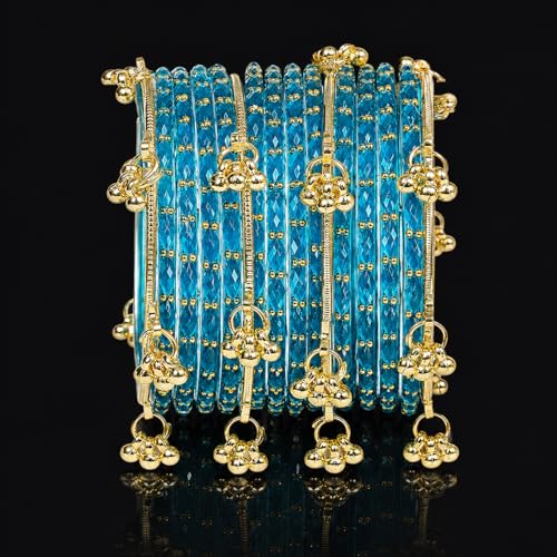 Nakabh Kashmiri Ghangharoo Glass Bangles Set for Women | Light Weight Bangles | Traditional Transparent Fancy Glass Chudi Set for Wedding, Party(Set Of 16) (Firozi, 2.4)